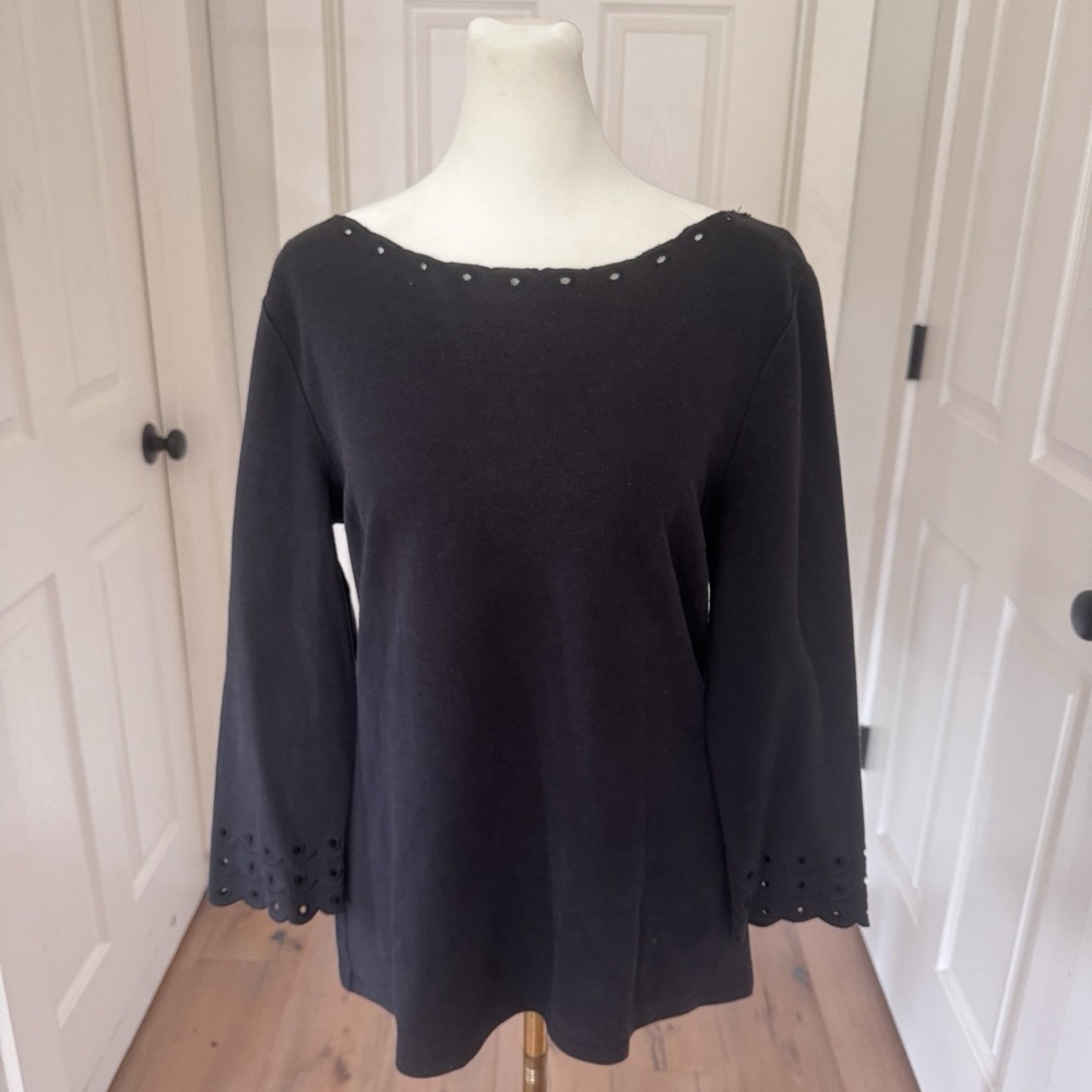 TALBOTS Cotton Modal Black‎ Scalloped Neck Blouse Top Sz M Coastal Casual Pretty